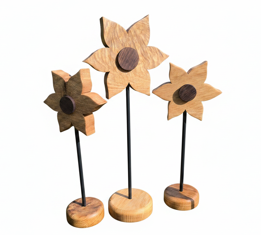 Holzblume aus Eichenholz – Handgefertigte Blume mit Stahlständer, Tischdeko Unikat