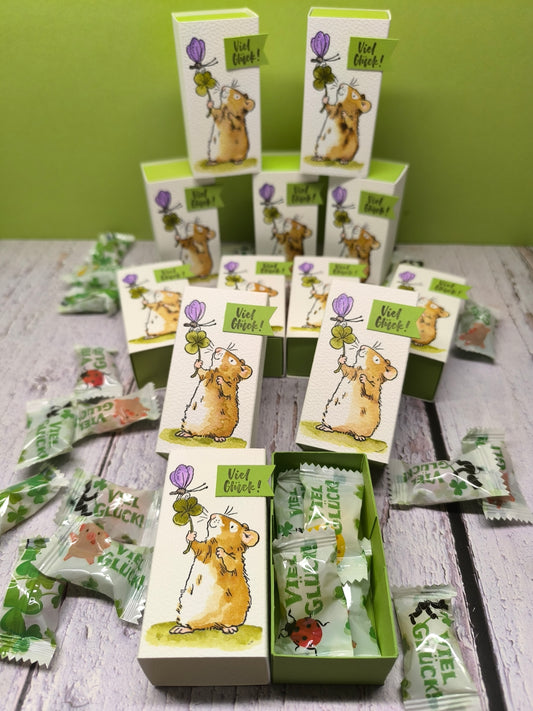 Glücksbox – Handgestempelte Schachtel voll Glück mit 4 Glüksbonbons