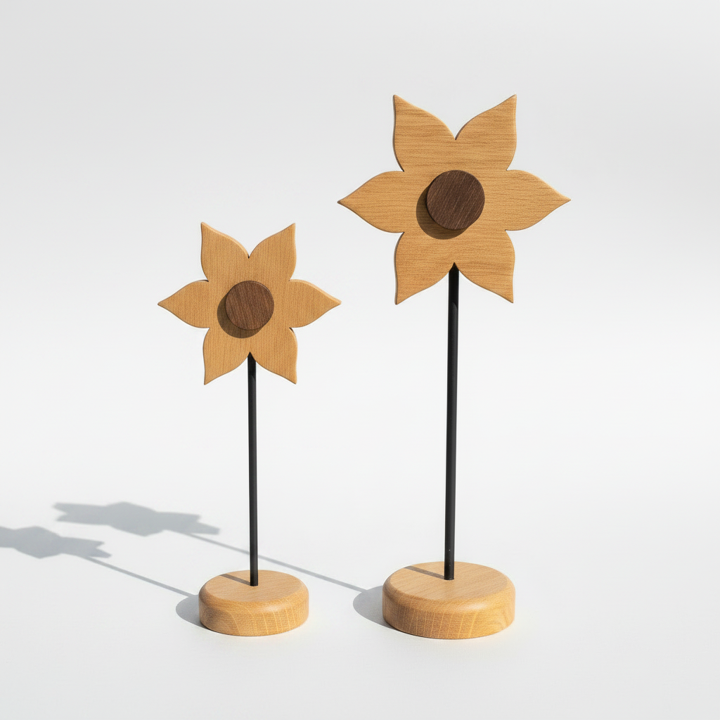 Holzblume aus Eichenholz – Handgefertigte Blume mit Stahlständer, Tischdeko Unikat